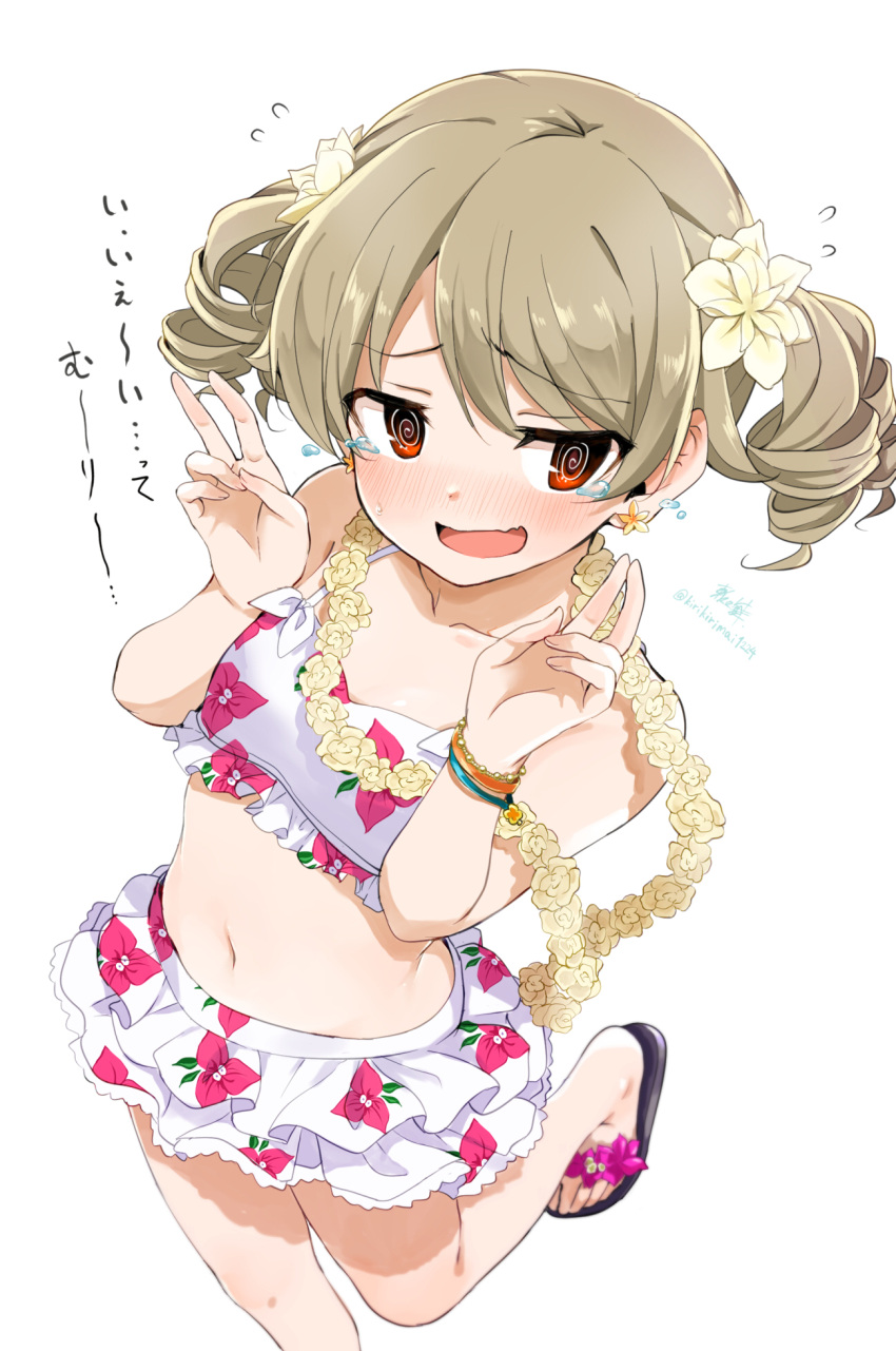 1girl @_@ alternate_hairstyle bare_arms bare_legs bikini bikini_skirt blonde_hair blush bracelet breasts commentary double_v earrings embarrassed floral_print flower flower_bikini flower_earrings flower_necklace flying_sweatdrops flying_teardrops frilled_bikini frilled_skirt frills hair_flower hair_ornament hands_up highres idolmaster idolmaster_cinderella_girls jewelry kirikirimai_(kkm) leg_up looking_away looking_to_the_side morikubo_nono navel necklace nose_blush orange_eyes sandals signature simple_background skirt small_breasts smile solo stomach swimsuit translation_request twintails twitter_username v white_background