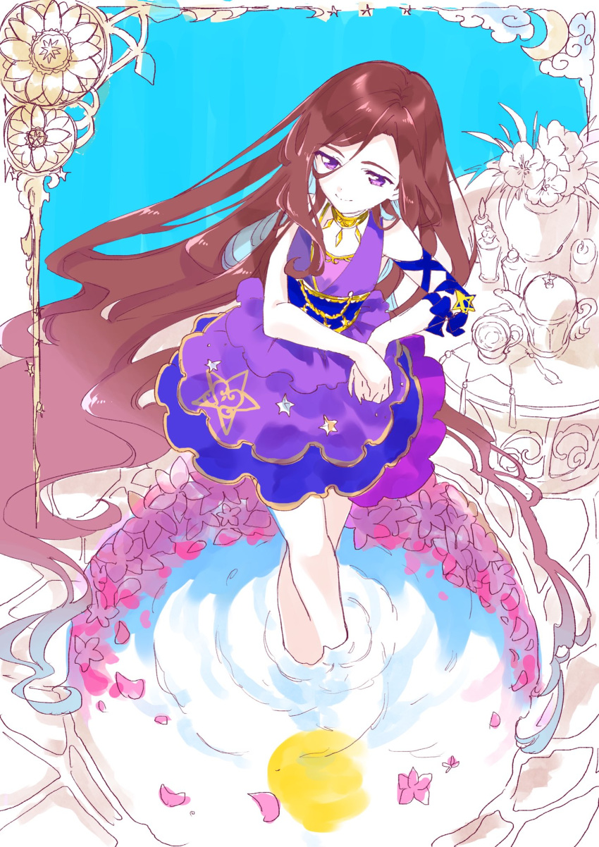 1girl absurdly_long_hair aikatsu!_(series) aikatsu_stars! arm_ribbon brown_hair candle choker closed_mouth cup dress flower frame from_above hands_together highres jewelry kasumi_yozora long_hair looking_down mitsuhashitaeko petals petals_on_liquid plant potted_plant purple_dress reflection ribbon sketch sleeveless smile solo standing table teacup teapot vase very_long_hair violet_eyes wading wavy_hair