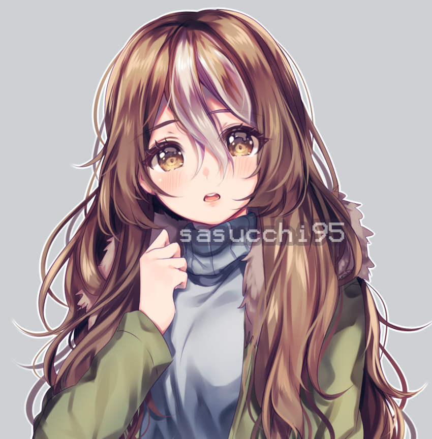 1girl arm_up arms_up artist_name blush brown_eyes brown_hair coat commission hair_between_eyes highres long_hair long_sleeves multicolored_hair open_mouth original sasucchi95 solo sweater turtleneck turtleneck_sweater wavy_hair