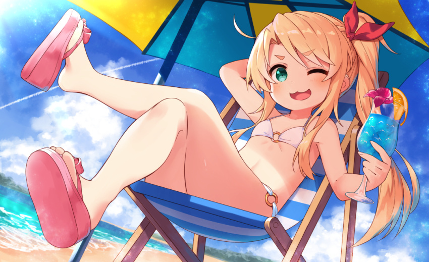 1girl ;3 ;d arm_up bangs bare_arms bare_shoulders beach bikini blonde_hair blue_sky blush chair clouds collarbone commentary crossed_legs cup day drink drinking_glass dutch_angle eyebrows_visible_through_hair fingernails green_eyes hair_ribbon hand_behind_head high_ponytail himesaka_noa holding holding_cup legs long_hair lounge_chair o-ring o-ring_bikini o-ring_bottom o-ring_top on_chair one_eye_closed open_mouth outdoors pink_footwear red_ribbon ribbon sand sandals side_ponytail sidelocks sitting sky smile solo striped swimsuit thick_eyebrows tropical_drink very_long_hair watashi_ni_tenshi_ga_maiorita! water white_bikini yuuuuu