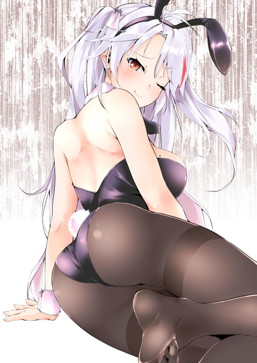 1girl ahoge animal_ears ass azur_lane back backless_dress backless_outfit black_legwear breasts bunny_tail bunnysuit detached_collar dress highres kokonoe_sekai long_hair looking_at_viewer looking_back lying medium_breasts mole mole_on_breast multicolored_hair on_side one_eye_closed pantyhose patterned_background prinz_eugen_(azur_lane) rabbit_ears red_eyes redhead silver_hair sleeveless solo tail twintails two-tone_hair wrist_cuffs