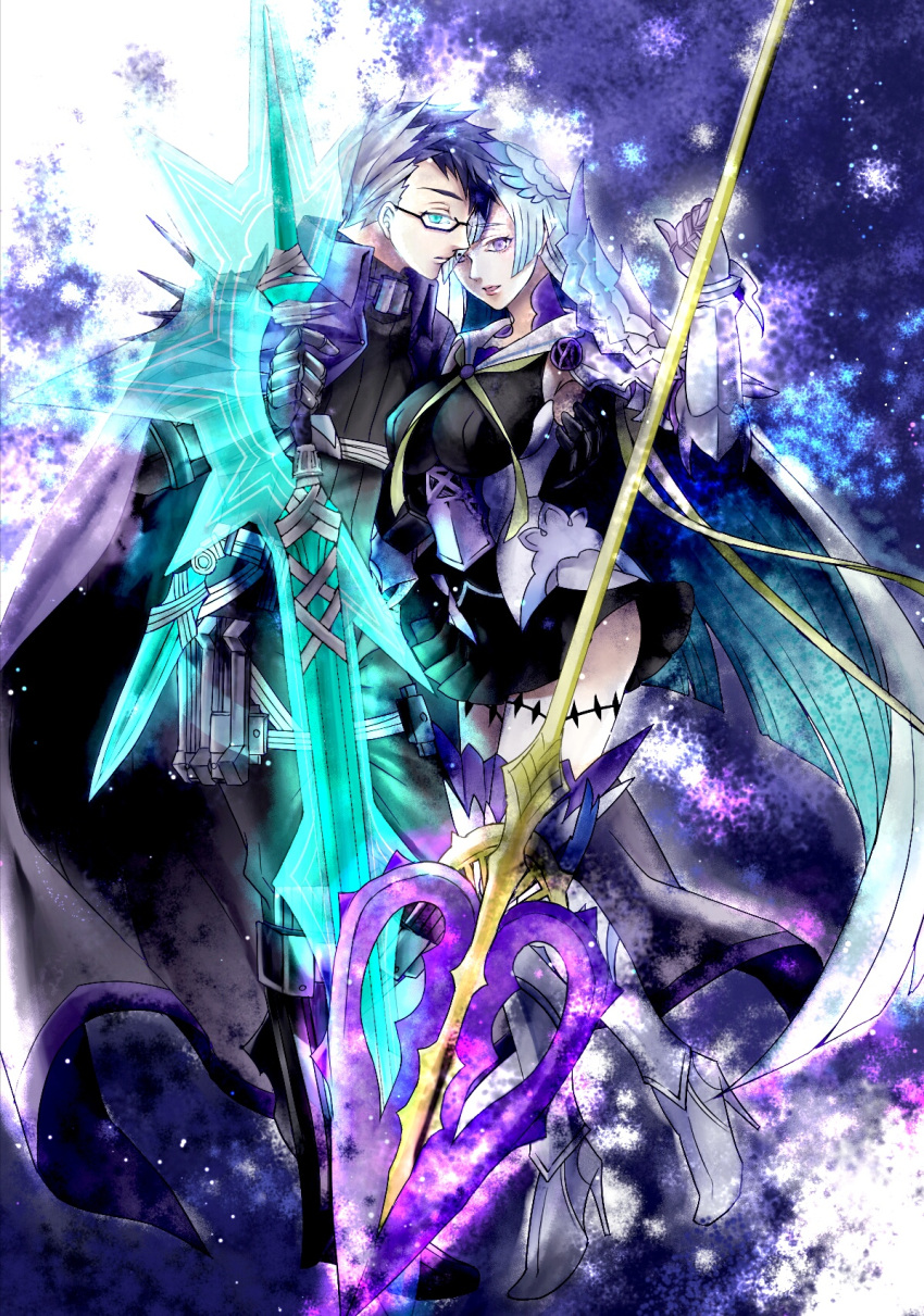 1boy 1girl black_hair blue_eyes blue_hair boots breasts brynhildr_(fate) brynhildr_romantia cape commentary_request dress fate/grand_order fate_(series) gauntlets glasses grey_hair high_heel_boots high_heels highres large_breasts long_hair multicolored_hair nanashi_(toku_meiko) polearm semi-rimless_eyewear short_dress sigurd_(fate/grand_order) spear sword thigh-highs thigh_boots two-tone_hair under-rim_eyewear very_long_hair violet_eyes weapon