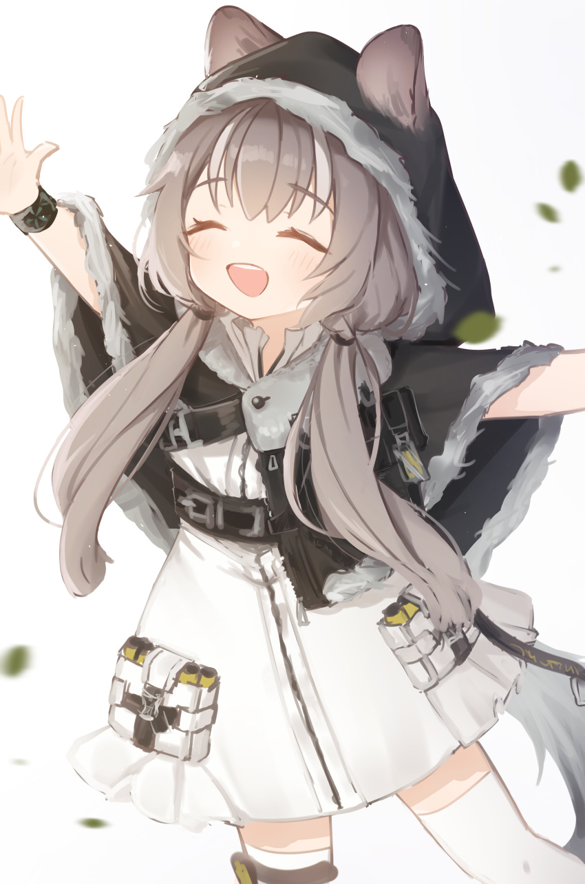 1girl absurdres animal_ears arknights black_capelet blush brown_hair capelet chinese_commentary closed_eyes commentary dress ears_through_headwear fur-trimmed_capelet fur-trimmed_hood fur_trim happy highres honeyberry_(arknights) hood hood_up hooded_capelet infection_monitor_(arknights) long_hair low_twintails mang open_mouth outstretched_arms round_teeth simple_background solo spread_arms squirrel_ears squirrel_girl teeth thigh-highs twintails upper_teeth_only white_background white_dress white_thighhighs