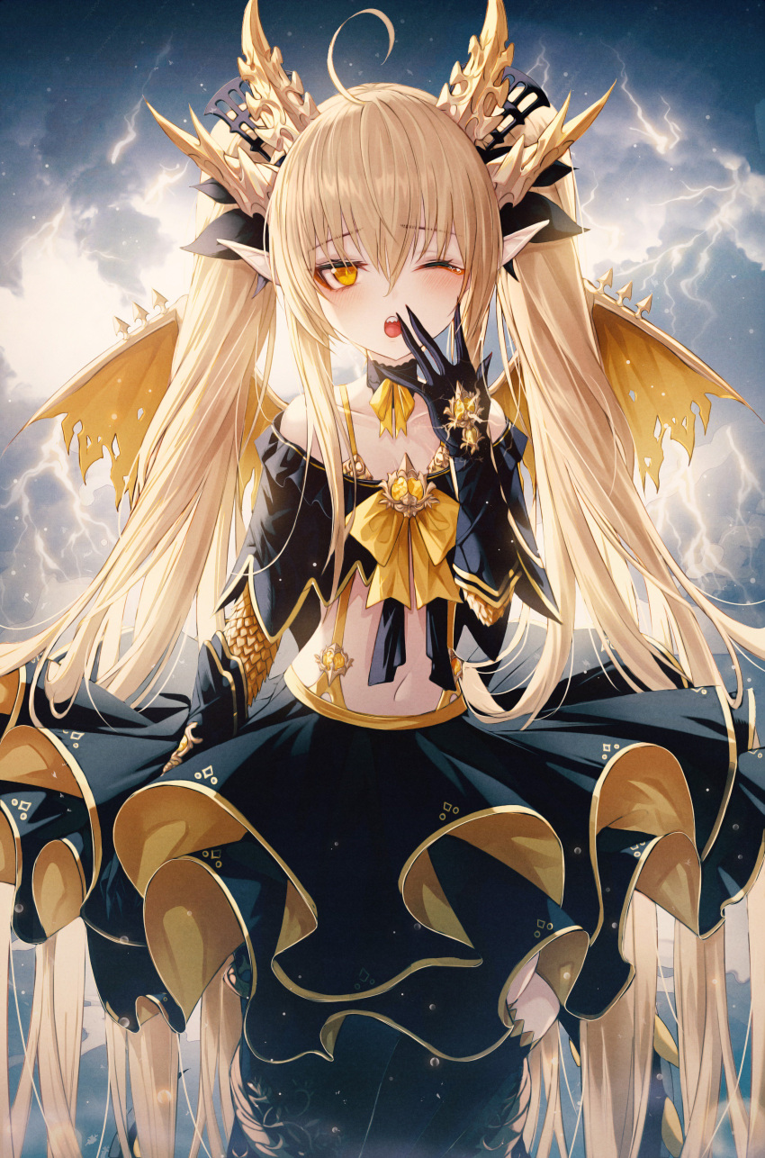 1girl absurdres bangs black_choker black_crop_top black_gloves black_legwear black_ribbon black_skirt choker clouds collarbone cowboy_shot crop_top dragon_girl dragon_horns dragon_tail dragon_wings eyebrows_visible_through_hair flat_chest gloves gold hair_ribbon hand_up highres horns layered_skirt lightning long_hair looking_at_viewer okazu_(eightstudio) open_mouth original pointy_ears ribbon scales sharp_teeth sidelocks skirt solo suspenders tail teeth thigh-highs topaz_(gemstone) twintails two-tone_skirt very_long_hair wings yawning yellow_eyes yellow_skirt