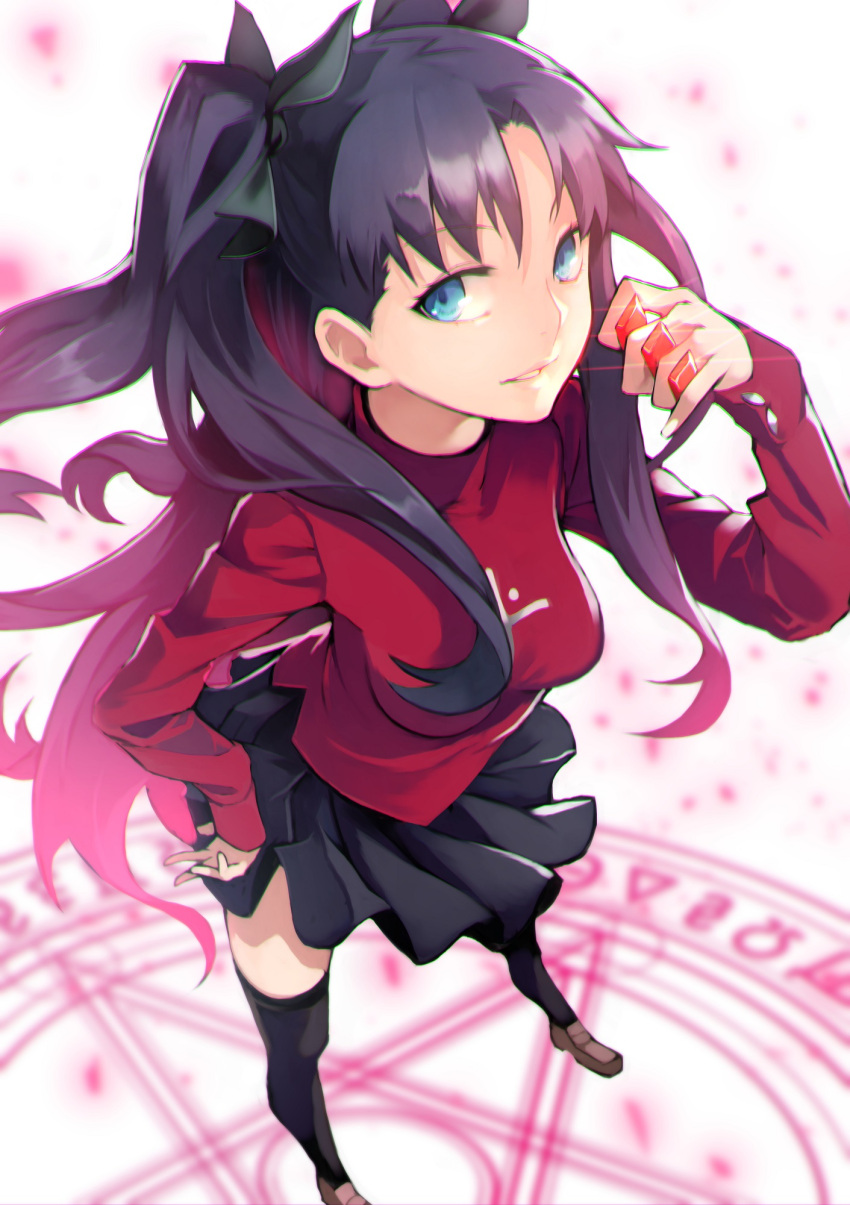 1girl 55level bangs between_fingers black_hair black_legwear black_ribbon black_skirt blue_eyes breasts brown_footwear chromatic_aberration eyebrows_visible_through_hair fate/stay_night fate_(series) floating_hair foreshortening from_above full_body gem hair_ribbon hand_on_hip hand_up highres holding leaning_forward long_hair long_sleeves looking_up magic medium_breasts parted_bangs parted_lips pleated_skirt red_sweater ribbon ruby_(gemstone) skirt sleeves_past_wrists socks solo standing sweater thigh-highs toosaka_rin turtleneck turtleneck_sweater two_side_up very_long_hair white_background wind wind_lift