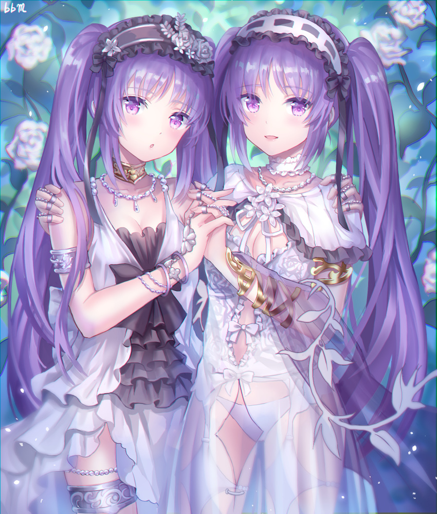 2girls :o bangle bangs bare_shoulders blue_blood_moon blue_panties blush bracelet breasts choker commentary_request dress euryale eyebrows_visible_through_hair fate/grand_order fate/hollow_ataraxia fate_(series) flower hair_between_eyes hairband headdress highres holding_hands jewelry lolita_hairband long_hair looking_at_viewer multiple_girls multiple_rings neck_ring necklace open_mouth panties purple_hair ribbon see-through siblings sisters smile stheno thighlet twins twintails underwear very_long_hair violet_eyes white_dress