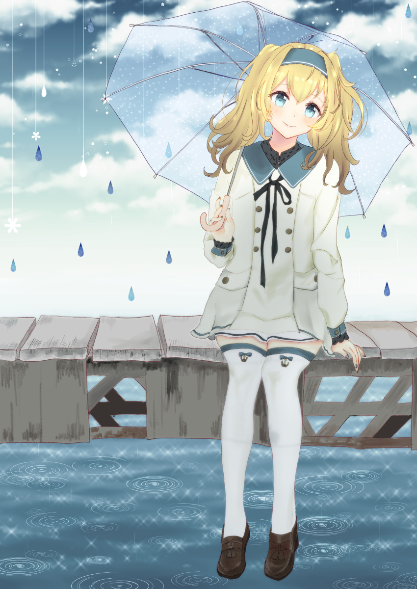 1girl absurdres blonde_hair blue_eyes blue_hairband brown_footwear dress full_body gambier_bay_(kantai_collection) hairband highres holding holding_umbrella kantai_collection loafers orangemilk rain sailor_dress shoes sitting smile solo thigh-highs twintails umbrella white_legwear