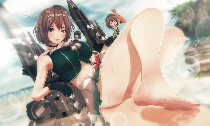 3d absurdres atago_(kantai_collection) bangs barefoot beret black_gloves blue_eyes blush breasts brown_hair choukai_(kantai_collection) commentary_request custom_maid_3d_2 day eyelashes feet ffkw food gloves hair_ornament hairclip hat headgear highres kantai_collection large_breasts lips lying maya_(kantai_collection) mini_hat minigirl outdoors pleated_skirt remodel_(kantai_collection) rensouhou-chan rigging short_hair skirt sleeveless smile takao_(kantai_collection) water wet x_hair_ornament
