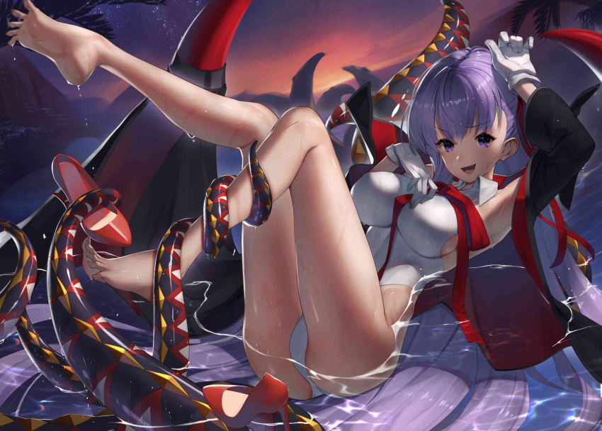 1girl barefoot bb_(fate)_(all) bb_(swimsuit_mooncancer)_(fate) black_coat cape fate/grand_order fate_(series) feet gloves hair_ribbon high_heels highleg highleg_leotard highres leotard looking_at_viewer lying popped_collar purple_hair reclining red_footwear red_ribbon ribbon shoes_removed smile solo sukocchi tentacles violet_eyes white_gloves white_leotard