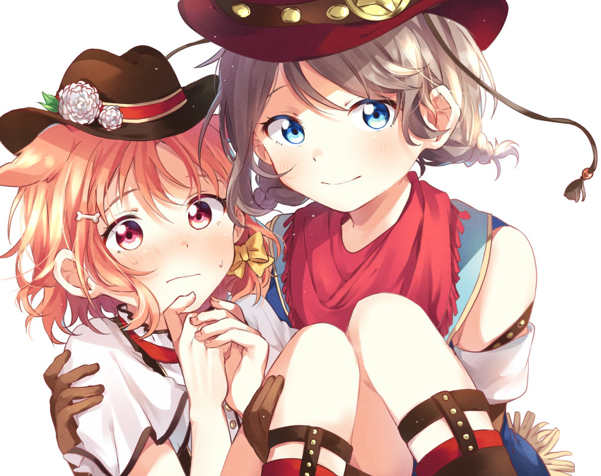 2girls alternate_hairstyle animal_ears ascii_media_works bangs black_headwear blue_eyes blush bone_hair_ornament bow braid brown_gloves bushiroad carrying commentary_request cowboy_hat dog_ears flower fringe_trim gloves hair_bow hands_together hat hat_flower highres kemonomimi_mode looking_at_viewer love_live! love_live!_school_idol_festival love_live!_sunshine!! makura_(makura0128) multiple_girls orange_hair princess_carry red_bandana red_eyes red_headwear short_hair simple_background smile sock_garters sunrise_(studio) sweatdrop takami_chika tokyo_mx twin_braids watanabe_you western white_background white_flower yellow_bow yuri