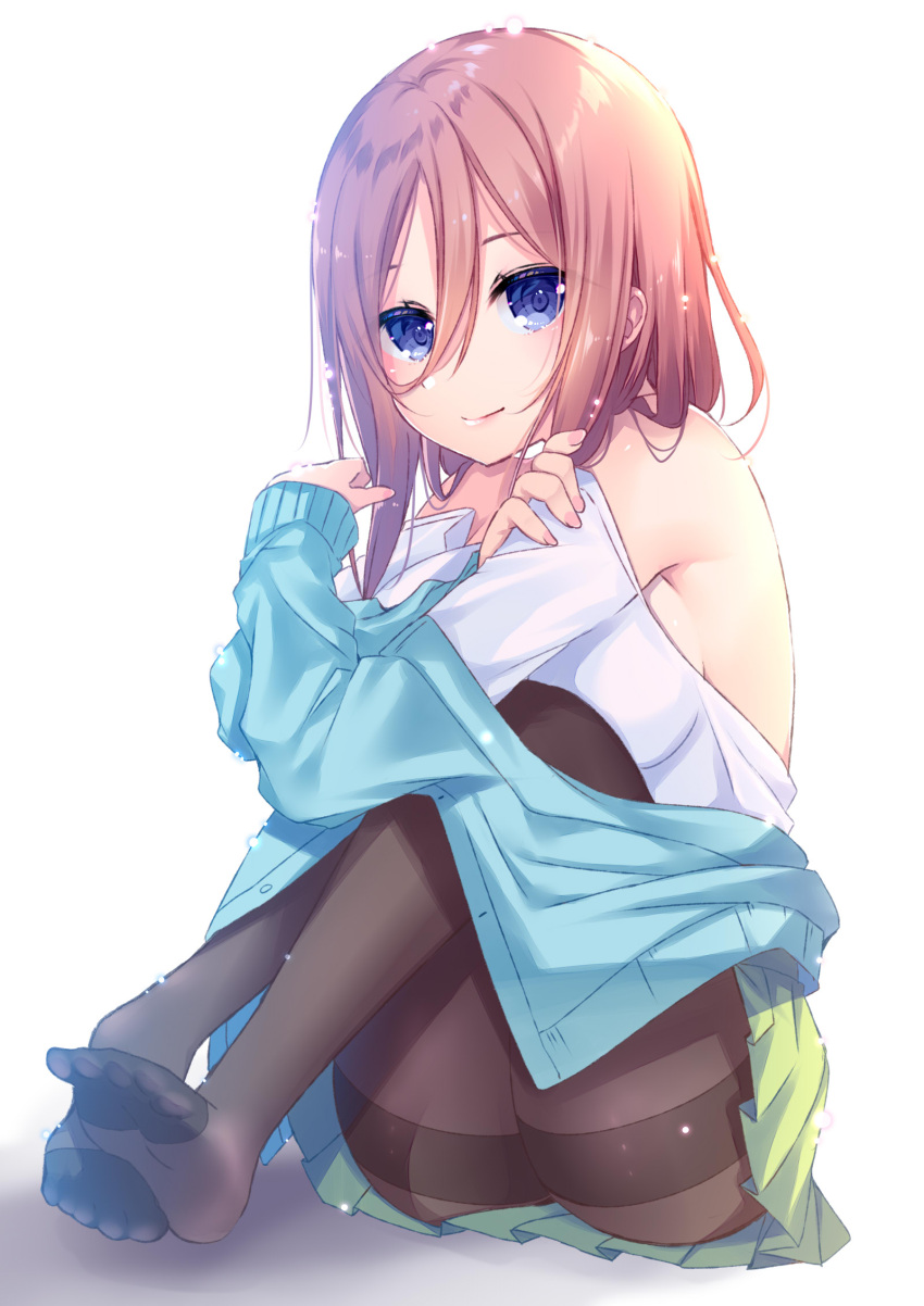 1girl bangs bare_shoulders blue_cardigan blush brown_hair brown_legwear cardigan closed_mouth collared_shirt commentary_request eyebrows_visible_through_hair full_body go-toubun_no_hanayome green_skirt hair_between_eyes highres knees_up ko_yu long_hair long_sleeves looking_at_viewer nakano_miku no_shoes off_shoulder open_cardigan open_clothes pantyhose pleated_skirt shirt sitting skirt sleeves_past_wrists smile soles solo thighband_pantyhose violet_eyes white_background white_shirt