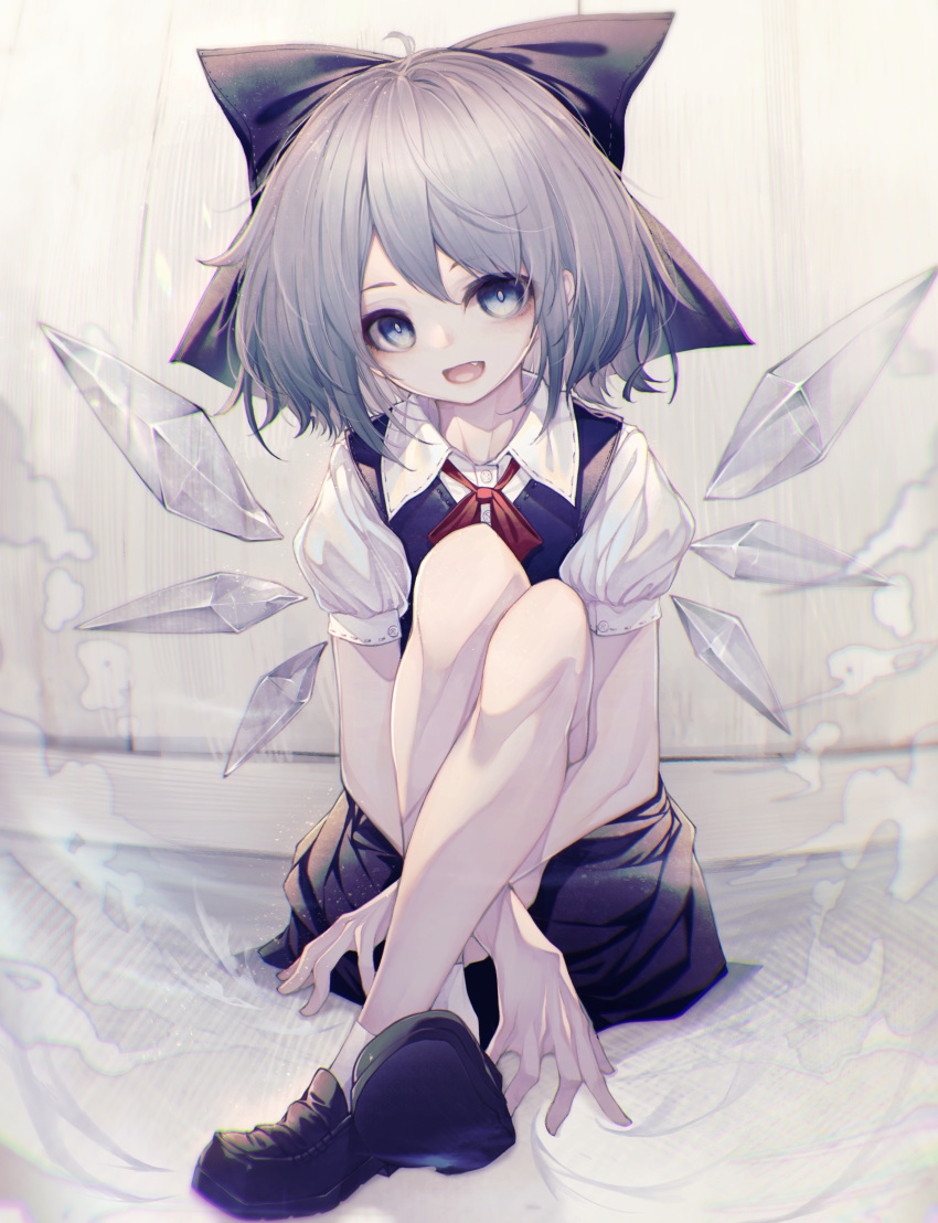 1girl absurdres ahoge blue_hair bow cirno crossed_legs fang hair_bow highres hito_komoru ice ice_wings light_particles loafers looking_at_viewer muted_color neck_ribbon open_mouth pale_skin puffy_short_sleeves puffy_sleeves ribbon shoes short_hair short_sleeves sitting smile solo touhou wings