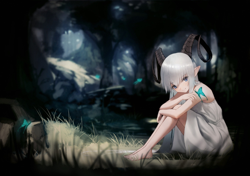 1girl absurdres animal animal_on_hand bangs bare_arms bare_shoulders barefoot blue_eyes blurry blurry_background blurry_foreground blush bug butterfly butterfly_on_finger closed_mouth curled_horns day depth_of_field dress eyebrows_visible_through_hair forest from_side hair_between_eyes hara_shoutarou highres horns insect knees_up leaning_forward long_hair looking_at_viewer nature on_ground original outdoors pointy_ears rock silver_hair sitting sitting_on_ground sleeveless sleeveless_dress smile solo very_long_hair white_dress