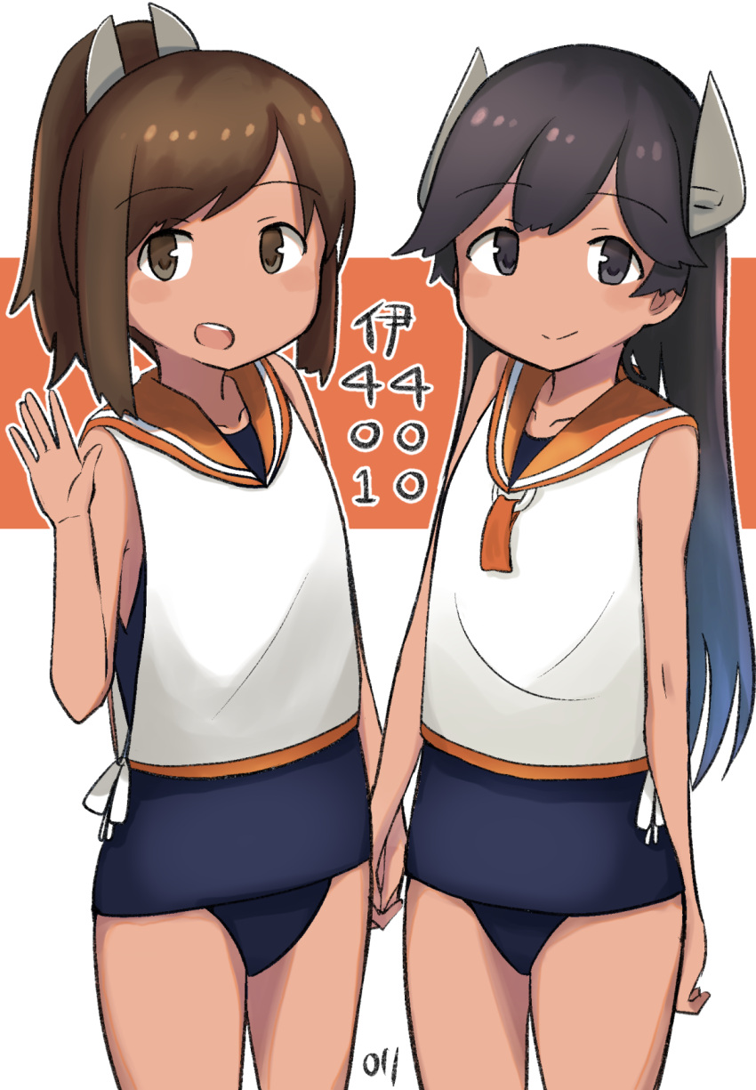 2girls artist_logo black_hair blue_swimsuit blush_stickers brown_eyes brown_hair character_name cowboy_shot hair_ornament hairclip headgear highres holding_hands i-400_(kantai_collection) i-401_(kantai_collection) kantai_collection long_hair ma_rukan multiple_girls no_nose one-piece_swimsuit one-piece_tan orange_sailor_collar ponytail sailor_collar school_swimsuit shirt short_hair short_ponytail sleeveless sleeveless_shirt standing swimsuit swimsuit_under_clothes tan tanline