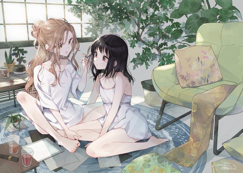 2girls armchair bangs bare_shoulders barefoot black_hair blush brown_eyes brown_hair chair chemise collarbone commentary cup cushion day full_body futaribeya hair_bun half_updo hand_in_another's_hair indoors jar kawawa_sakurako long_hair looking_at_another medium_hair multiple_girls nail_polish no_pants on_floor open_mouth parted_lips plant playing_with_another's_hair potted_plant red_eyes red_nails rug seiza shirt sidelocks signature sitting sitting_on_floor spaghetti_strap sunlight table toenail_polish white_camisole white_shirt window yamabuki_kasumi yukiko_(tesseract) yuri