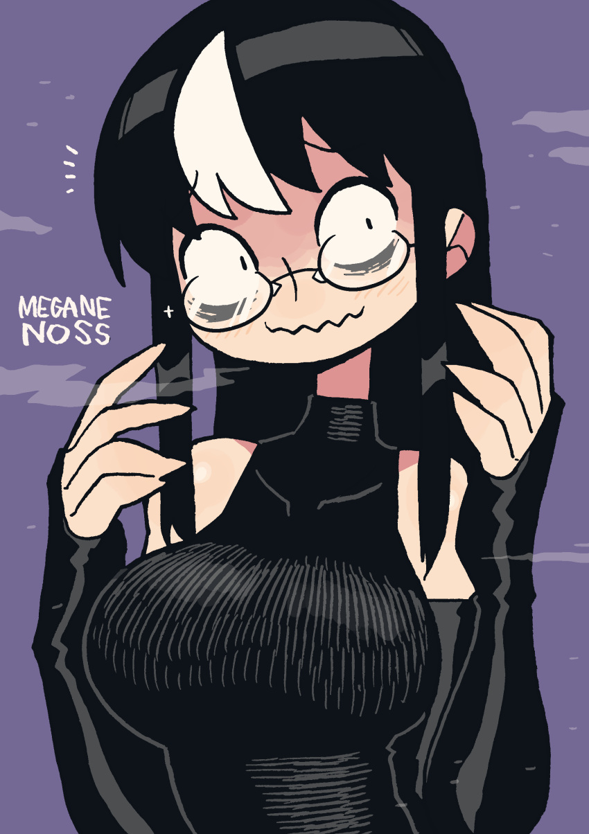 1girl absurdres bags_under_eyes bare_shoulders black_gloves black_hair breasts commentary_request elbow_gloves fingerless_gloves gloves highres large_breasts looking_at_viewer noss_&amp;_zakuro noss_(rariatto) purple_background rariatto_(ganguri) romaji_text smile vampire wavy_mouth white_hair