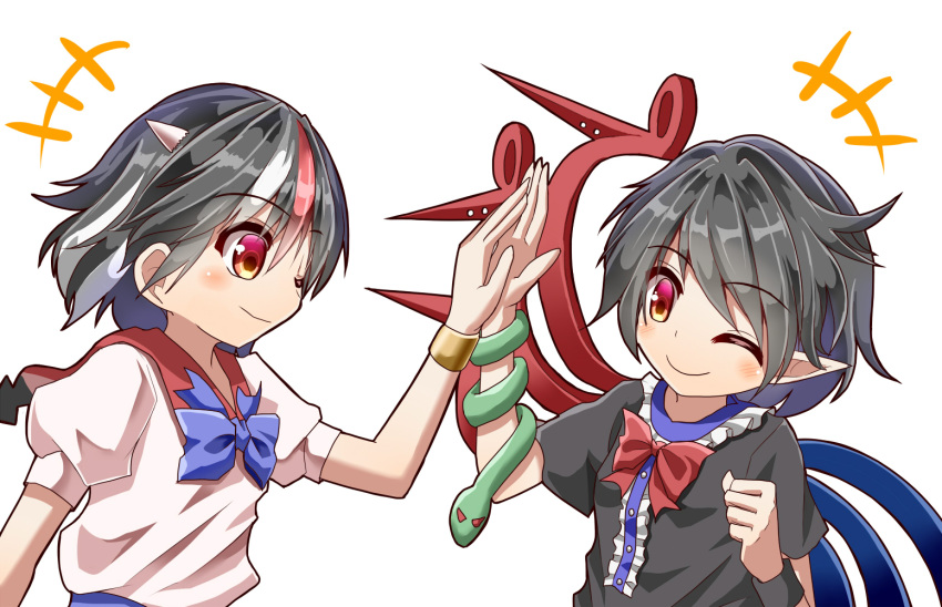 +++ 2girls arms_up asymmetrical_wings bangs black_dress black_hair blue_neckwear blush bow bowtie bracelet clenched_hand commentary_request dress eye_contact eyebrows_visible_through_hair hair_between_eyes head_tilt high_five horns houjuu_nue jewelry kijin_seija looking_at_another multicolored_hair multiple_girls one_eye_closed pointy_ears puffy_short_sleeves puffy_sleeves red_eyes red_neckwear shirt short_hair short_sleeves simple_background smile snake standing streaked_hair sugiyama_ichirou swept_bangs touhou upper_body white_background white_shirt wings