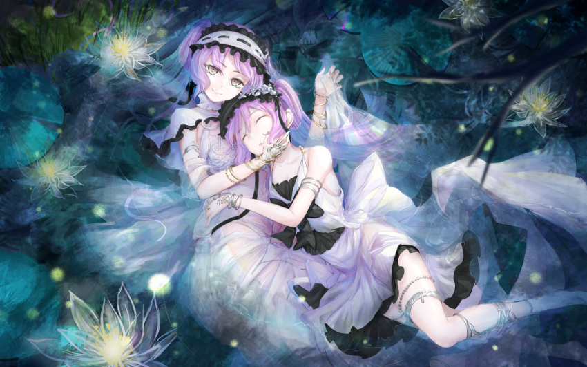 2girls anklet armlet bangs closed_eyes commentary_request dress euryale fate/grand_order fate_(series) frilled_hairband frills goddess hairband headdress jewelry koroneko_p0w0q lolita_fashion lolita_hairband long_hair looking_at_viewer multiple_girls purple_hair revealing_clothes siblings sisters stheno thighlet thighs twins twintails very_long_hair violet_eyes white_background white_dress