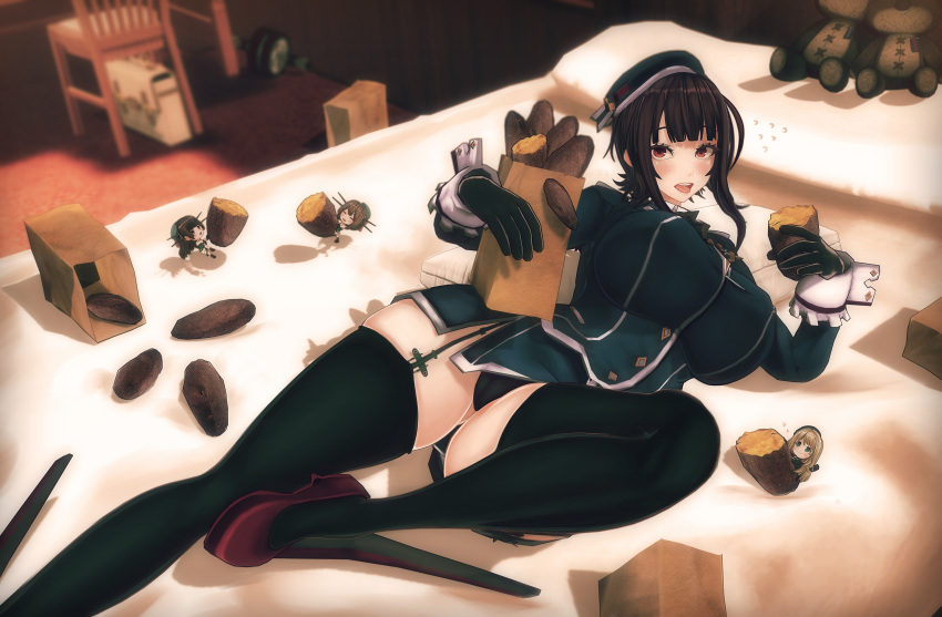 3d 4girls absurdres atago_(kantai_collection) bag bangs bed black_gloves black_hair black_legwear black_panties blush breasts chair chibi choukai_(kantai_collection) commentary_request custom_maid_3d_2 eating fairy_(kantai_collection) ffkw flying_sweatdrops food garter_straps gloves highres kantai_collection large_breasts lying maya_(kantai_collection) military military_uniform multiple_girls open_mouth panties paper_bag red_eyes short_hair stuffed_animal stuffed_toy sweatdrop sweet_potato takao_(kantai_collection) teddy_bear thigh-highs underwear uniform