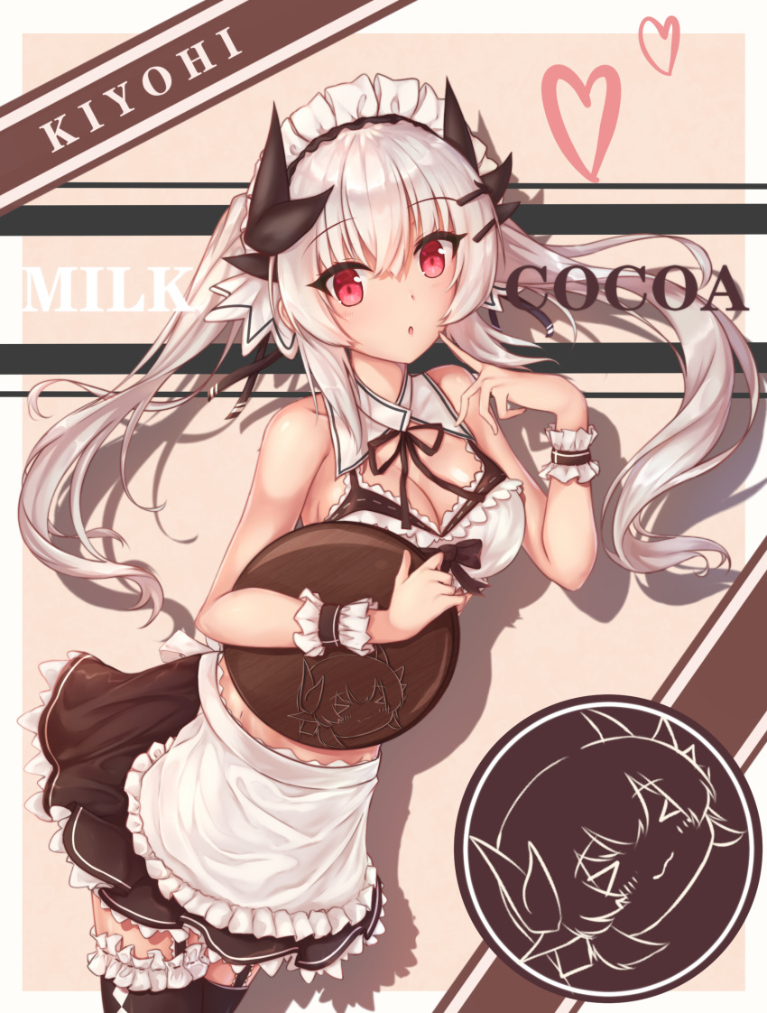 1girl absurdres alternate_costume apron black_horns black_legwear commentary_request dragon_girl dragon_horns dress enmaided eyebrows_visible_through_hair fate/grand_order fate_(series) grey_hair highres horns jiang_xin kiyohime_(fate/grand_order) long_hair looking_at_viewer maid maid_apron maid_headdress open_mouth red_eyes solo thigh-highs white_apron wrist_cuffs