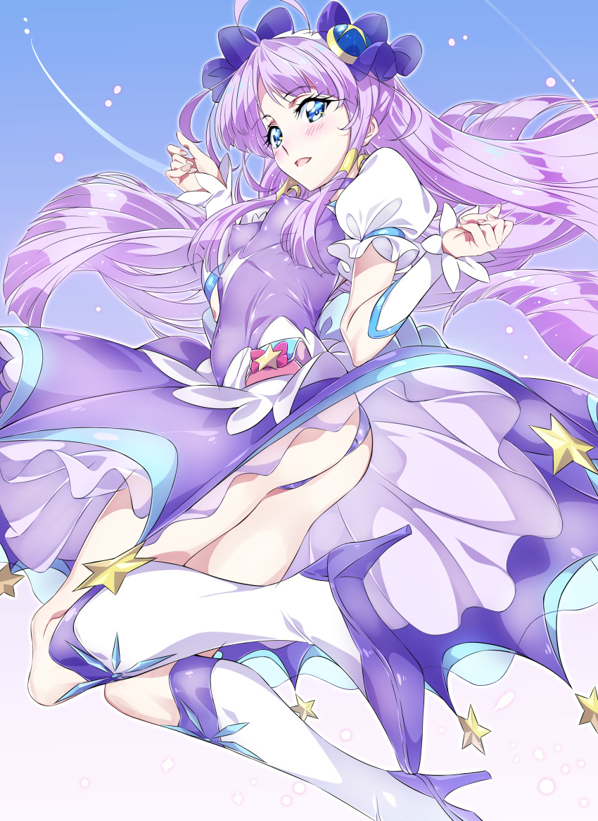 1girl absurdres ahoge ass blue_eyes blush breasts choker commentary covered_nipples cure_selene dress hair_ornament highres impossible_clothes jewelry kaguya_madoka long_hair looking_at_viewer magical_girl niko_(tama) open_mouth precure purple_dress purple_hair shiny shiny_clothes shiny_hair shiny_skin small_breasts smile solo star star_twinkle_precure thigh-highs wrist_cuffs