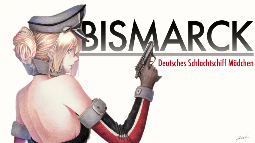 1girl artist_name backless_outfit bare_shoulders bismarck_(kantai_collection) blonde_hair blue_eyes character_name commentary_request detached_sleeves german_text gloves gun hair_bun handgun hat highres holding holding_gun holding_weapon kantai_collection looking_at_viewer looking_back military_hat millipen_(medium) peaked_cap pistol signature simple_background solo tesun_(g_noh) traditional_media trigger_discipline upper_body walther walther_ppk watercolor_pencil_(medium) weapon white_background