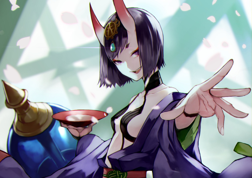 1girl 55level alcohol bangs bare_shoulders blurry blurry_background bob_cut breasts choker collarbone commentary cup eyeliner fang fate/grand_order fate_(series) gem glint hands_up head_tilt headpiece holding holding_cup horns japanese_clothes kimono long_sleeves looking_at_viewer looking_to_the_side makeup off_shoulder oni oni_horns open_clothes open_kimono outstretched_arm outstretched_hand petals purple_hair purple_kimono revealing_clothes sakazuki sake sash short_eyebrows short_hair shuten_douji_(fate/grand_order) small_breasts smile solo upper_body violet_eyes