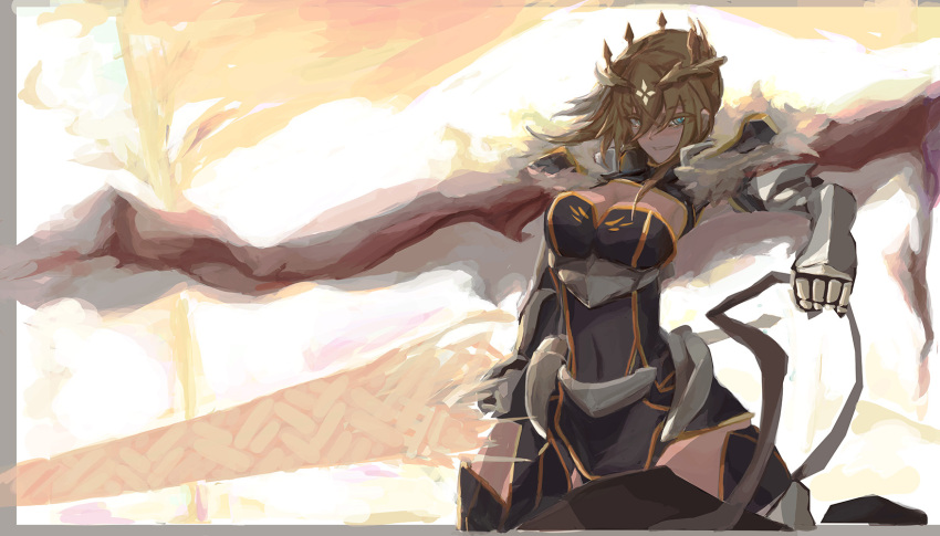 1girl artoria_pendragon_(all) artoria_pendragon_(lancer) blue_gloves blue_legwear braid breasts cape commentary_request crown fate/grand_order fate_(series) french_braid fur-trimmed_cape fur_trim gauntlets gloves green_eyes grin hair_between_eyes highres lance large_breasts looking_at_viewer polearm red_cape reins rhongomyniad sidelocks smile taitaip weapon
