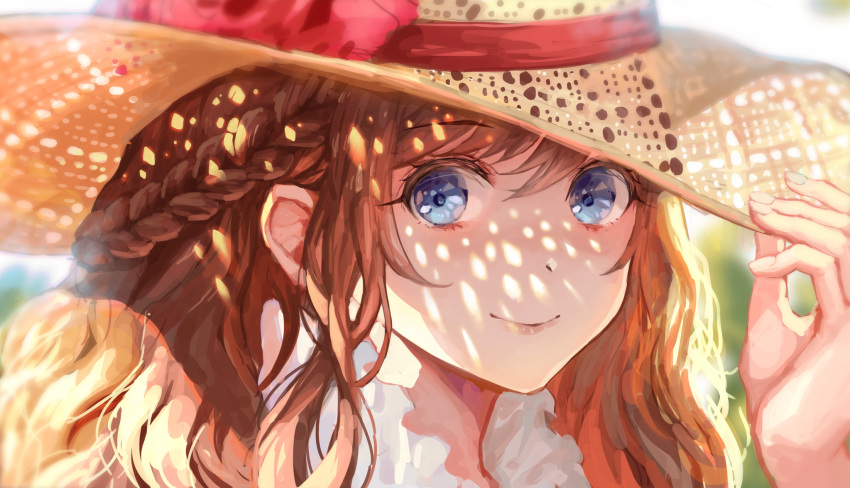 1girl bangs blue_eyes blurry blurry_background bow braid brown_hair brown_headwear closed_mouth commentary_request depth_of_field eyebrows_visible_through_hair fingernails hair_between_eyes hand_on_headwear hand_up hat hat_bow highres long_hair original portrait red_bow smile solo summer sun_hat tamarashi