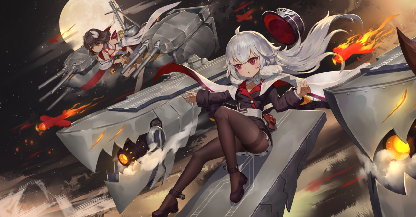 2girls absurdres akagi-chan_(azur_lane) azur_lane belt black_hair black_legwear breasts cannon cape commentary_request drawing_sword fire full_body full_moon hat hiei-chan_(azur_lane) highres katana long_hair looking_to_the_side moon moonofmonster multiple_girls night pantyhose red_eyes rigging shoes short_hair silver_hair small_breasts sword weapon yellow_eyes zeppelin-chan_(azur_lane)