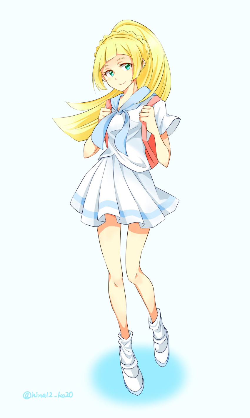 1girl absurdres backpack bag blonde_hair commentary_request green_eyes highres hina12_ko20 lillie_(pokemon) pink_backpack pokemon pokemon_(game) pokemon_sm ponytail skirt smile white_skirt