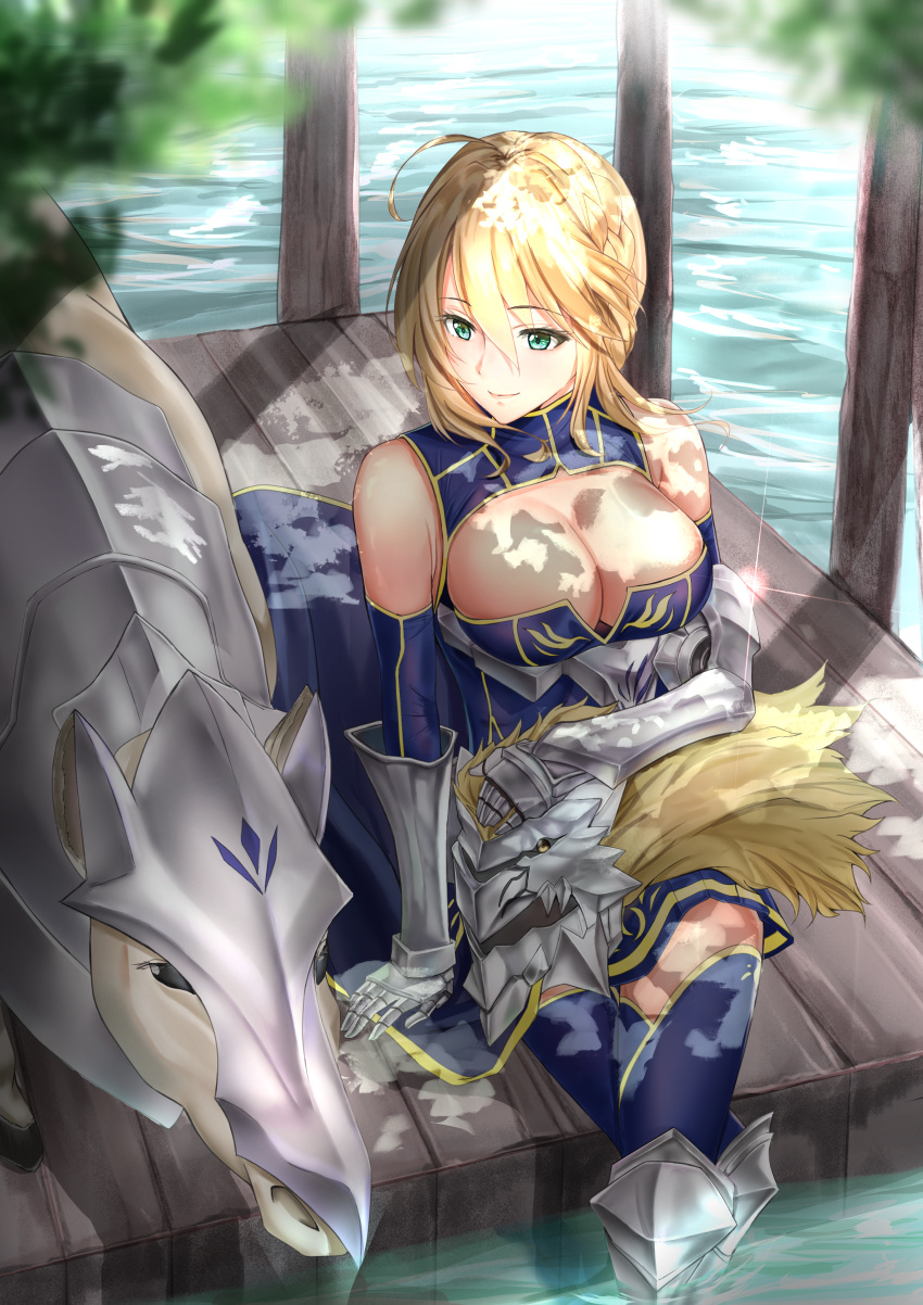 1girl absurdres ahoge aqua_eyes arm_support armor armored_boots artoria_pendragon_(all) artoria_pendragon_(lancer) bangs bare_shoulders blonde_hair blue_dress blue_legwear blurry boots braid breasts commentary_request day depth_of_field detached_sleeves dress dun_stallion fate/grand_order fate_(series) gauntlets hair_between_eyes headwear_removed helmet helmet_removed highres horse huge_filesize large_breasts looking_to_the_side outdoors sitting smile solo thigh-highs toratora_(nanahaba) water zettai_ryouiki