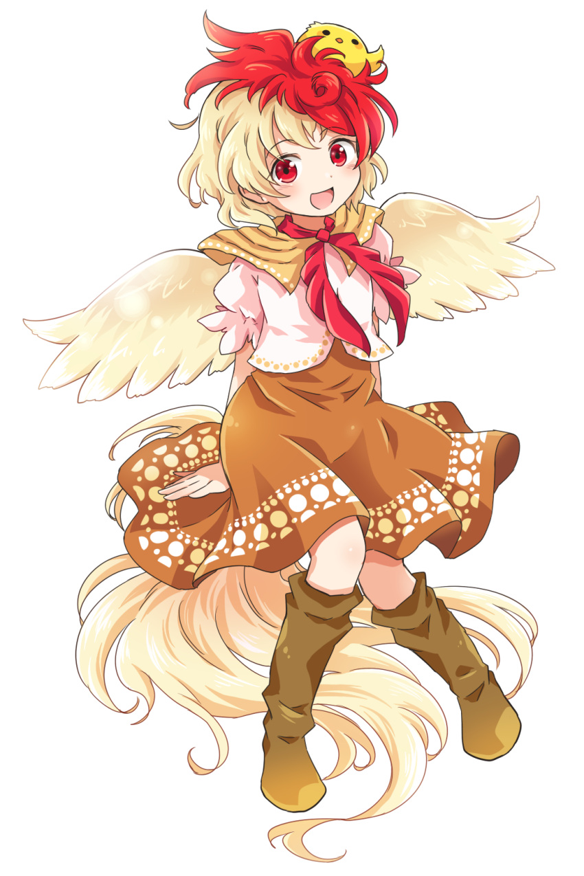 1girl :d arms_behind_back bird bird_wings blonde_hair blush boots brown_dress brown_footwear capelet chick dress eyebrows_visible_through_hair full_body head_tilt highres knee_boots knees_together_feet_apart layered_dress multicolored_hair neck_ribbon niwatari_kutaka open_mouth pote_(ptkan) puffy_short_sleeves puffy_sleeves red_eyes red_neckwear redhead ribbon short_hair short_sleeves simple_background sitting sitting_on_hand smile solo tail touhou two-tone_hair white_background wings