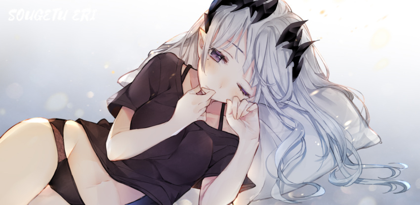 1girl bangs black_panties black_shirt character_name closed_mouth collarbone commentary cowboy_shot demon_girl demon_horns honey_strap horns kawaii_rowa long_hair lying mole mole_under_eye navel on_side panties pillow pointy_ears shirt silver_hair simple_background sleepy solo sougetsu_eli thighs underwear violet_eyes virtual_youtuber