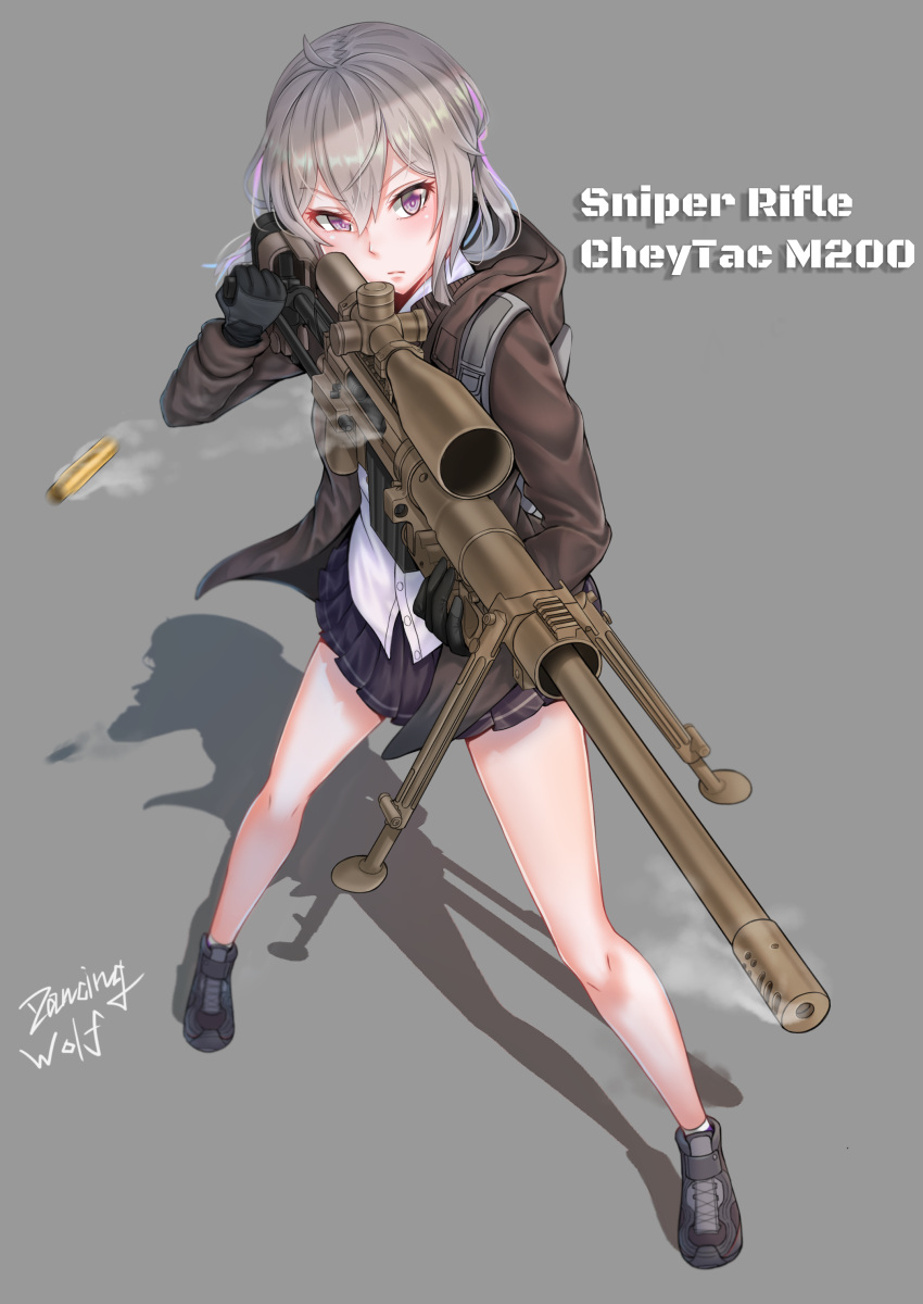 1girl absurdres ahoge bipod bolt_action cheytac_m200 dancing_wolf english_text full_body girls_frontline gloves gun highres hood hood_down hooded_jacket jacket m200_(girls_frontline) motion_blur rifle scope shadow signature silver_hair simple_background smoke sniper_rifle solo violet_eyes weapon