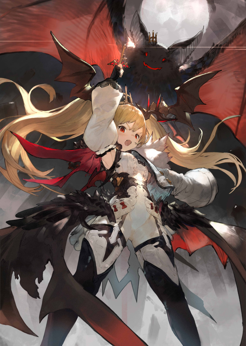 1girl absurdres arm_up armpits bat bat_wings blonde_hair boots breasts capelet commentary cowboy_shot creature crown detached_sleeves feet_out_of_frame from_below hair_between_eyes highres holding_key lard_(kumazakiyuta) long_hair looking_at_viewer low_wings moon open_mouth original pointy_ears small_breasts standing twintails vampire wings
