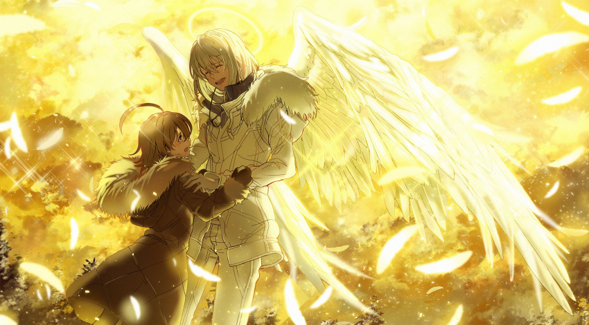 1boy 1girl accelerator ahoge brown_hair buckle choker closed_eyes clouds cloudy_sky commentary_request feathered_wings feathers fur_collar gloves halo highres hood hood_down hooded_jacket jacket kagura_kurosaki last_order long_sleeves open_mouth short_hair sky smile tears to_aru_majutsu_no_index tree white_hair white_legwear wings wire
