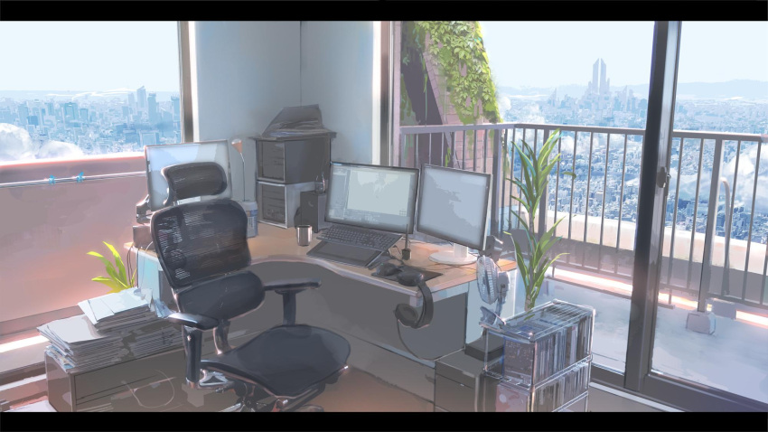 balcony building chair city cityscape clouds commentary computer computer_tower desk drawing_tablet fan file_cabinet foliage glass_door headphones highres indoors izumi_sai keyboard_(computer) letterboxed monitor mountainous_horizon no_humans office_chair paper paper_stack plant potted_plant real_life scenery sky skyscraper