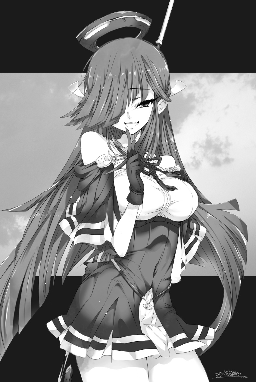 1girl absurdres alabaster_(artist) black_hair breasts commentary_request cosplay dress finger_to_mouth gloves greyscale hair_over_one_eye hayashimo_(kantai_collection) highres kantai_collection long_hair mechanical_halo medium_breasts monochrome polearm short_dress signature solo tatsuta_(kantai_collection) tatsuta_(kantai_collection)_(cosplay) very_long_hair weapon