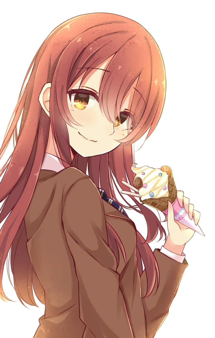 1girl amidada bangs blazer blush brown_eyes brown_hair brown_jacket closed_mouth diagonal_stripes eyebrows_visible_through_hair food hair_between_eyes hand_up highres holding holding_food ice_cream ice_cream_cone idolmaster idolmaster_shiny_colors jacket long_hair long_sleeves looking_at_viewer looking_to_the_side oosaki_tenka school_uniform shirt simple_background smile soft_serve solo striped very_long_hair wavy_mouth white_background white_shirt