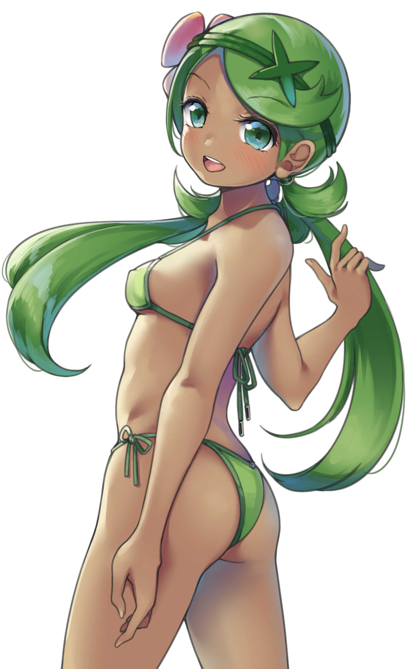1girl absurdres ass bangs bikini breasts floating_hair flower from_behind green_bikini green_eyes green_hair green_ribbon hair_flower hair_ornament highres long_hair looking_at_viewer low_twintails mallow_(pokemon) maremay0513 pokemon pokemon_(game) pokemon_sm ribbon shiny shiny_hair sideboob simple_background solo standing swept_bangs swimsuit twintails under_boob very_long_hair white_background