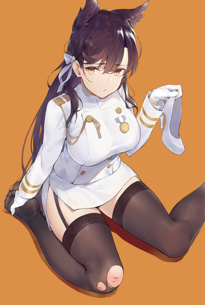 1girl absurdres animal_ears atago_(azur_lane) azur_lane black_hair black_legwear breasts closed_mouth extra_ears eyebrows_visible_through_hair from_above garter_straps gloves highres injury large_breasts long_hair looking_at_viewer medal military military_uniform orange_background shoes_removed simple_background sitting solo thigh-highs torn_clothes torn_legwear uniform virtu.al white_footwear white_gloves yellow_eyes