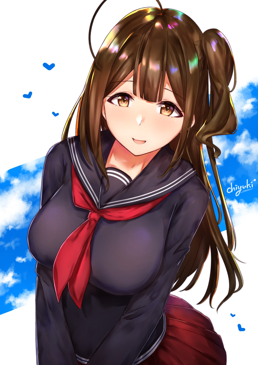 1girl absurdres ahoge bangs black_sailor_collar black_serafuku blue_sky blush breasts brown_eyes brown_hair clouds commentary cowboy_shot hair_between_eyes heart highres idolmaster idolmaster_shiny_colors kuwayama_chiyuki large_breasts long_hair looking_at_viewer one_side_up open_mouth red_skirt sailor_collar school_uniform serafuku signature skirt sky smile solo takani0721 uniform