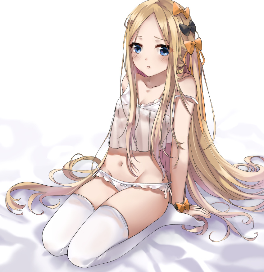 1girl abigail_williams_(fate/grand_order) absurdres bangs bare_shoulders black_bow blonde_hair blue_eyes blush bow breasts collarbone commentary_request crop_top fate/grand_order fate_(series) forehead hair_bow highres leaning_back long_hair looking_at_viewer navel open_mouth orange_bow panties parted_bangs seiza simple_background sitting small_breasts smile solo thigh-highs thighs underwear very_long_hair white_background white_camisole white_legwear white_panties ysk