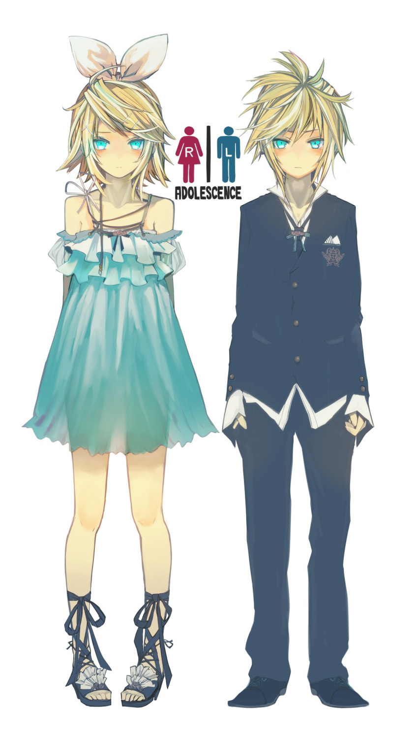 1boy 1girl adolescence_(vocaloid) aqua_dress aqua_eyes arms_behind_back bare_shoulders black_footwear black_jacket black_neckwear black_pants blonde_hair brother_and_sister buttons closed_mouth dress full_body hair_ornament hairband hairclip highres jacket kagamine_len kagamine_rin legs_apart long_sleeves looking_at_viewer necktie pants parted_lips pigeon-toed see-through see-through_silhouette serious shoes short_hair siblings simple_background spaghetti_strap standing ukai_saki vocaloid white_background white_hairband