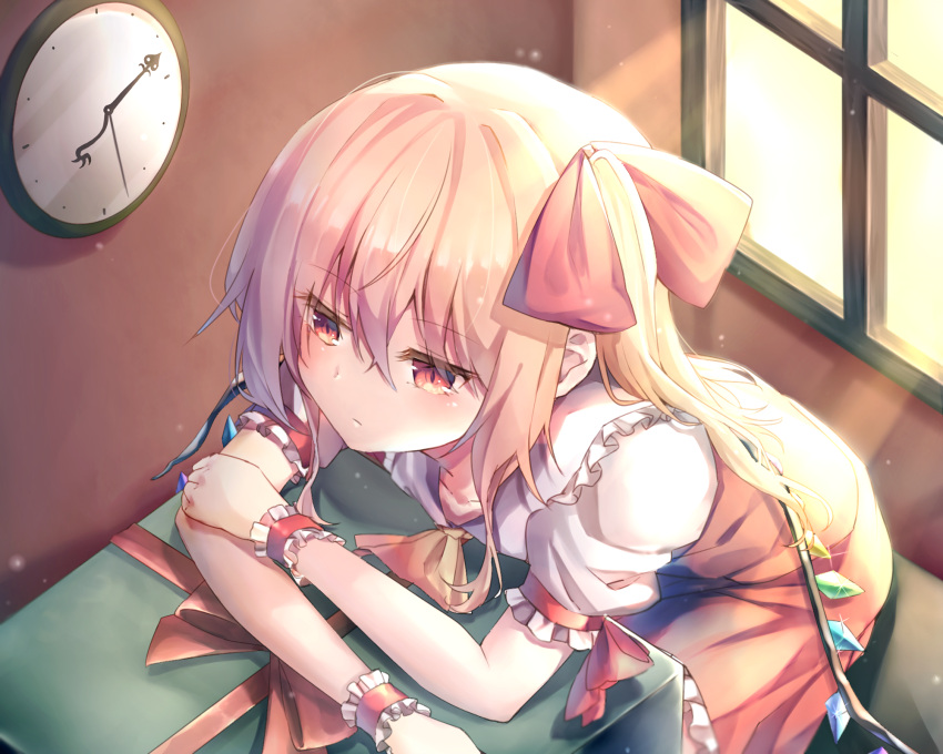 1girl blonde_hair blush box clock cravat day expressionless eyebrows_visible_through_hair flandre_scarlet from_above gift gift_box hair_between_eyes hair_ribbon hand_on_own_arm highres indoors laevatein leaning_on_object light_particles light_rays looking_to_the_side no_headwear pudding_(skymint_028) puffy_short_sleeves puffy_sleeves red_eyes red_skirt red_vest ribbon shirt short_hair short_sleeves side_ponytail sitting skirt slit_pupils solo sunbeam sunlight touhou vest white_shirt window wings wrist_cuffs yellow_neckwear