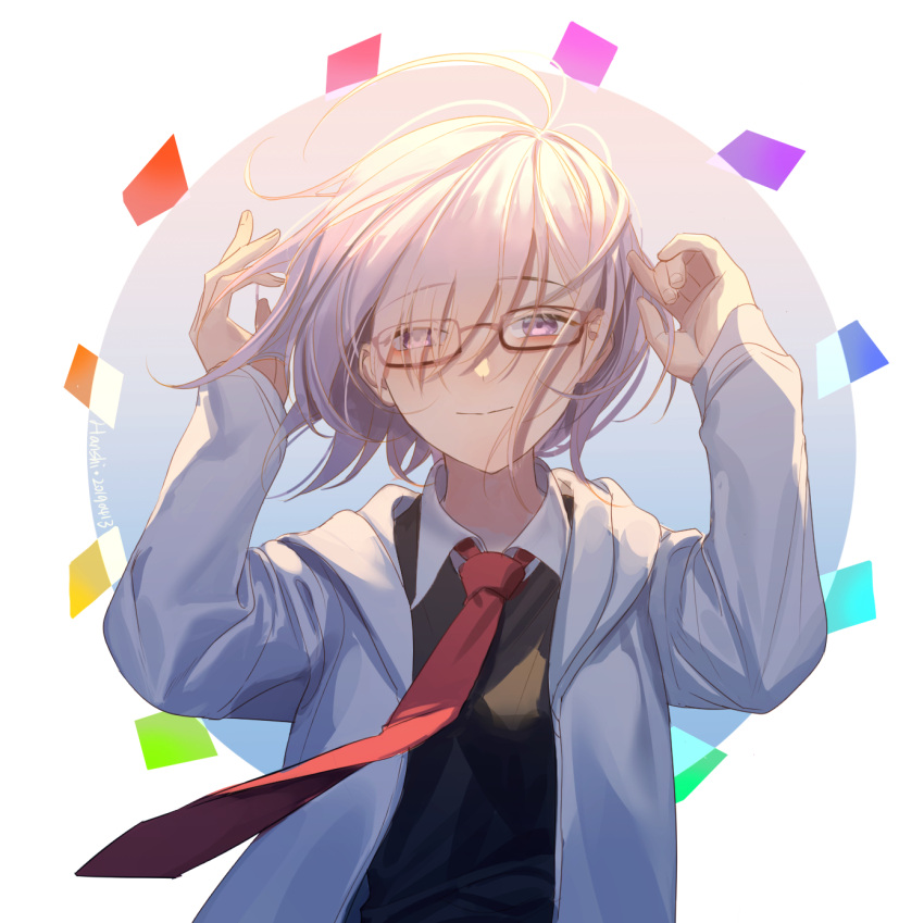 1girl anier black_shirt eyebrows_visible_through_hair eyes_visible_through_hair fate/grand_order fate_(series) floating_hair glasses hair_between_eyes highres hood hood_down hooded_jacket jacket looking_at_viewer mash_kyrielight necktie open_clothes open_jacket red-framed_eyewear red_neckwear shirt short_hair silver_hair smile solo upper_body violet_eyes white_background white_jacket wing_collar