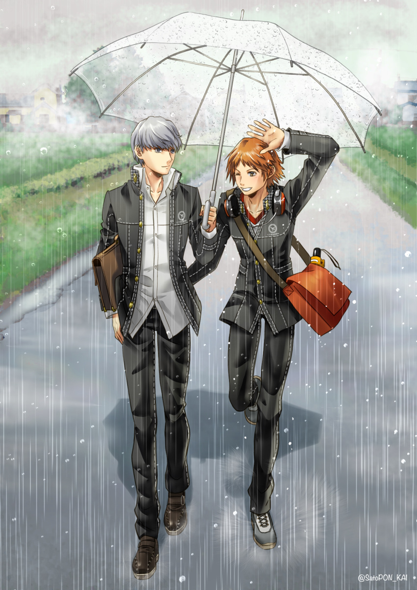 2boys ai_ai_gasa arm_up atlus bag black_jacket black_pants blazer brown_eyes brown_hair collarbone dress_shirt grin hanamura_yousuke headphones headphones_around_neck highres holding holding_bag holding_umbrella jacket long_sleeves male_focus megami_tensei multiple_boys narukami_yuu one_eye_closed open_blazer open_clothes open_jacket outdoors pants persona persona_4 rain sato-pon school_uniform shared_umbrella shirt silver_hair smile transparent transparent_umbrella umbrella walking white_shirt