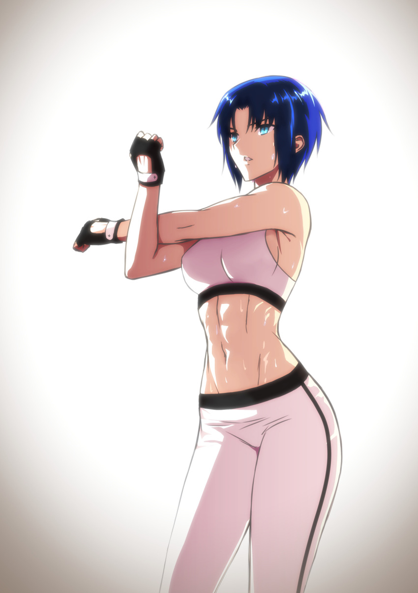 1girl abs axia-chan black_gloves blue_eyes blue_hair breasts ciel commentary commission cross-body_stretch crossed_arms fingerless_gloves gloves groin highres medium_breasts navel open_mouth pants short_hair solo sports_bra stretch sweat sweatpants toned tsukihime white_background