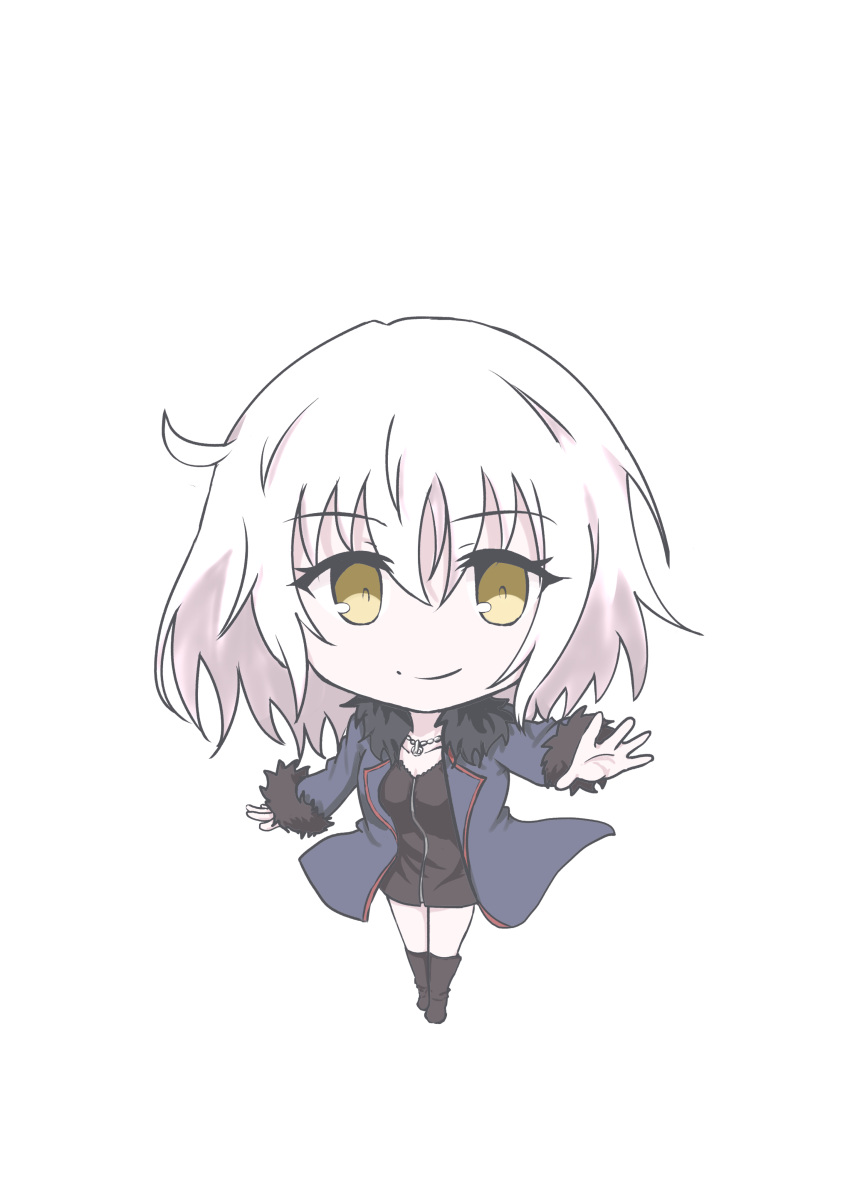 1girl absurdres ahoge bangs black_dress black_footwear blue_coat breasts chibi coat commentary_request dress eyebrows_visible_through_hair fate/grand_order fate_(series) full_body fur_collar fur_trim gorofulu highres jeanne_d'arc_(alter)_(fate) jeanne_d'arc_(fate)_(all) jewelry large_breasts necklace open_clothes open_coat short_hair silver_hair smile tsurime white_background wicked_dragon_witch_ver._shinjuku_1999 yellow_eyes